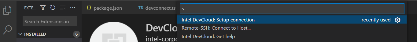 Press Ctrl+Shift+P ( or View -> Command Palette... ) to open the Command Palette.  Type DevCloud and select Intel DevCloud: Setup connection